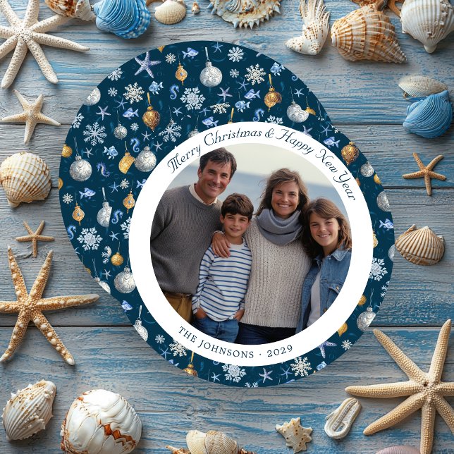Snowflakes & Nautical Elements Christmas Photo Holiday Card (Snowflakes & Nautical Elements Christmas Photo Round Holiday Card)