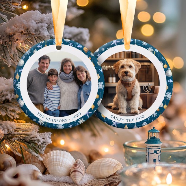 Snowflakes & Nautical Family Christmas 2 Photos Ceramic Ornament (Snowflakes & Nautical Family Christmas 2 Photos Ceramic Ornament)