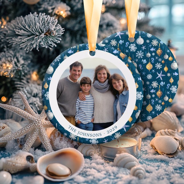 Snowflakes & Nautical Family Christmas Photo Ceramic Ornament (Snowflakes & Nautical Family Christmas Photo Ceramic Ornament)
