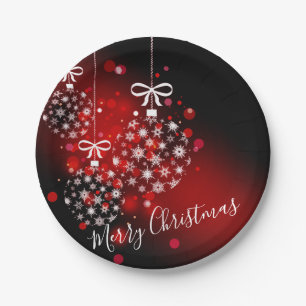 Snowflakes on a red and black background.  paper plate