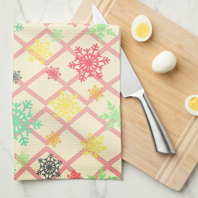 Snowflakes on a yellow background with trellis tea towel (Quarter Fold)