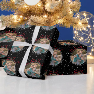 Snowflakes on Black   Custom Photo Christmas Wrapping Paper