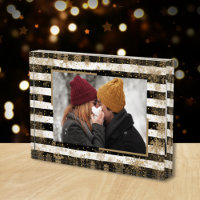 Snowflakes on Black White Stripes Gold Dots Custom