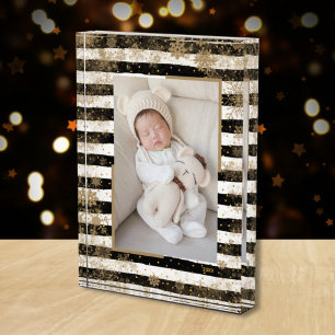 Snowflakes on Black White Stripes Photo Block