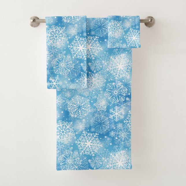 Snowflakes on blue bath towel set (Insitu)