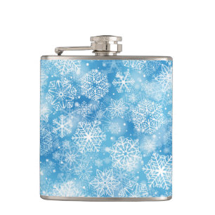 Snowflakes on blue hip flask