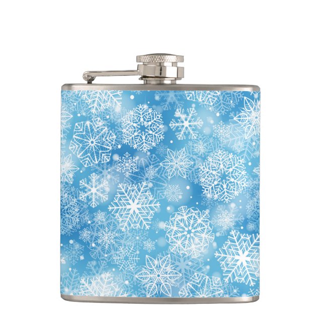 Snowflakes on blue hip flask (Front)