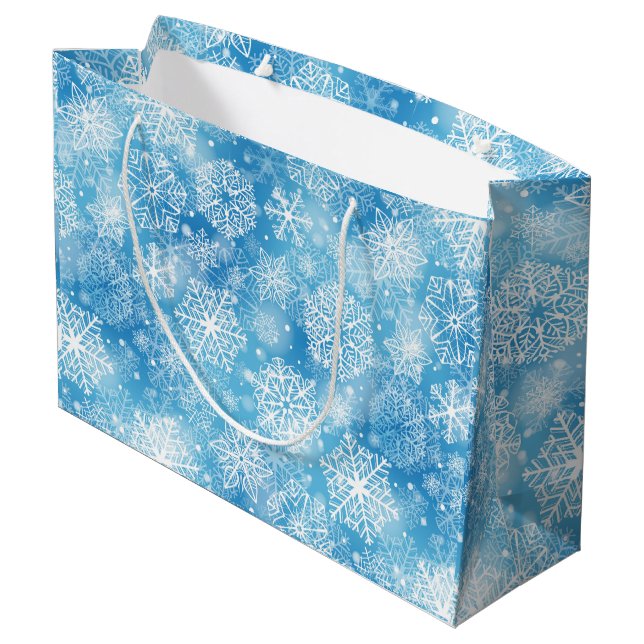 Snowflakes on blue large gift bag (Back Angled)