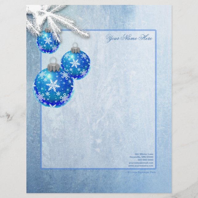 Snowflakes on Blue Ornaments Frost Customized Letterhead (Front)