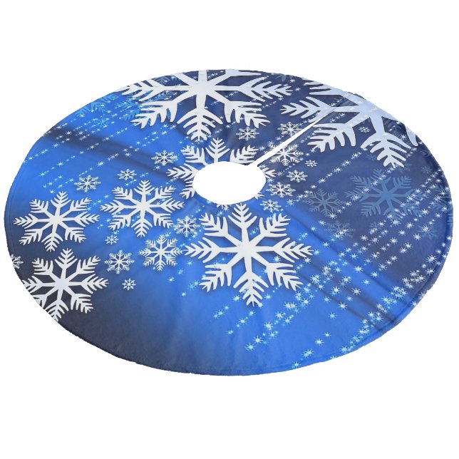 Snowflakes on Blue Royal Fleece Tree Skirt (Angled)