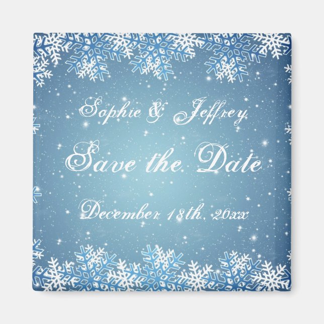 Snowflakes on blue Save the Date Magnet (Front)