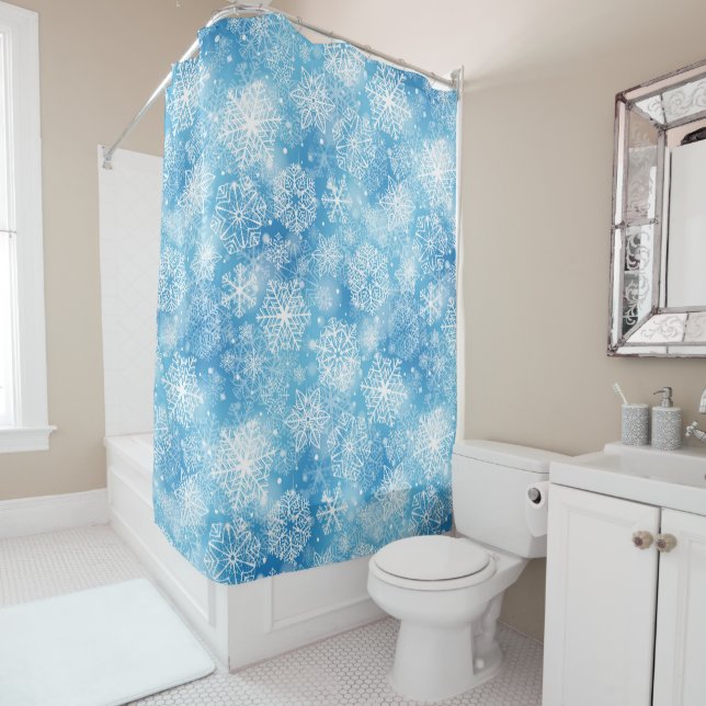 Snowflakes on blue shower curtain (In Situ)