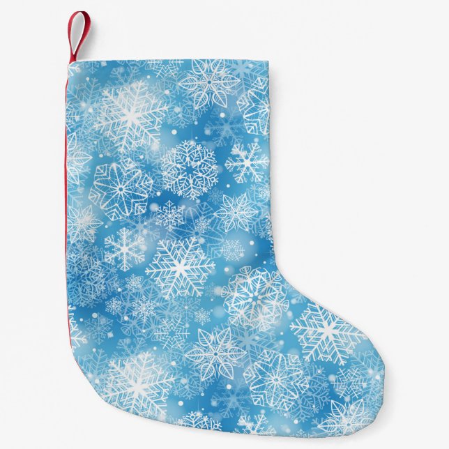 Snowflakes on blue small christmas stocking (Front)