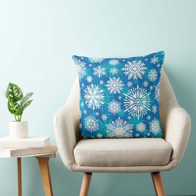 Snowflakes On Blue Throw Pillow (Chair)