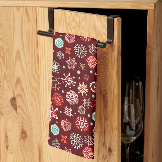 Snowflakes on Burgundy Tea Towel (Thirds Fold)