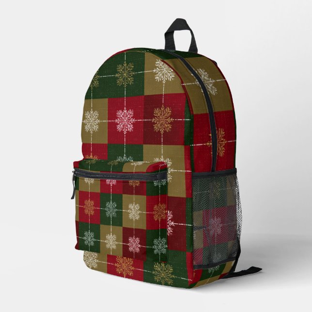 Snowflakes on Classic Check Pattern Printed Backpack (Back Corner Right)