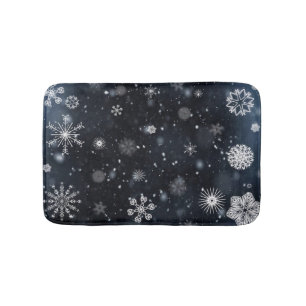Snowflakes on Dark Blue Background Bath Mat