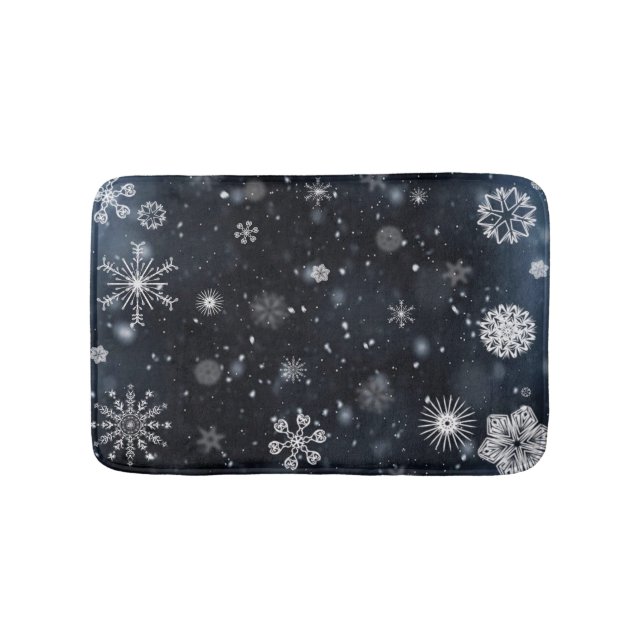 Snowflakes on Dark Blue Background Bath Mat (Front)