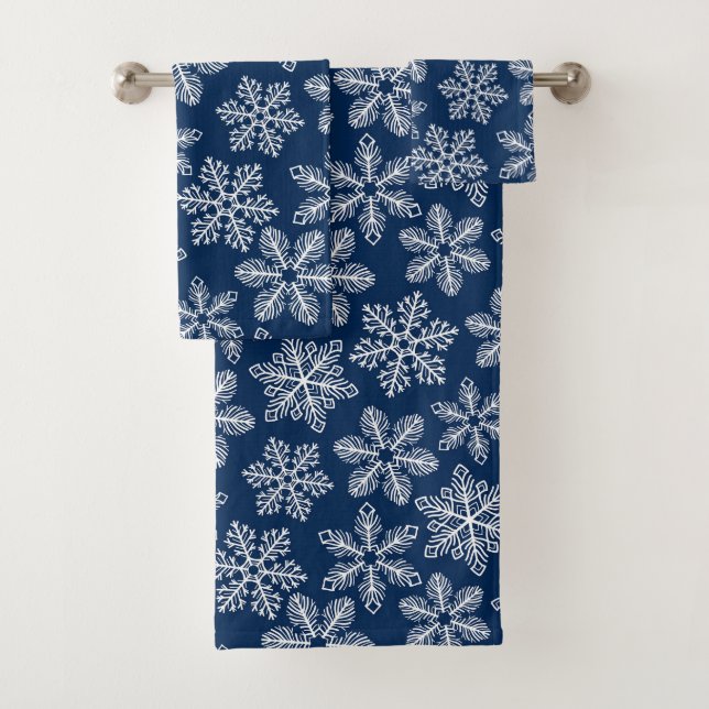 Snowflakes on dark blue bath towel set (Insitu)