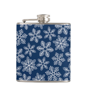 Snowflakes on dark blue hip flask