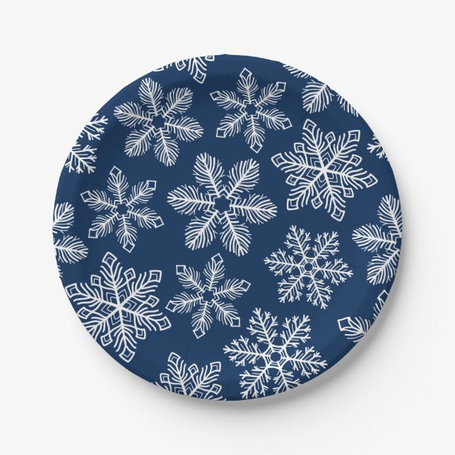Snowflakes on dark blue paper plate (Front)