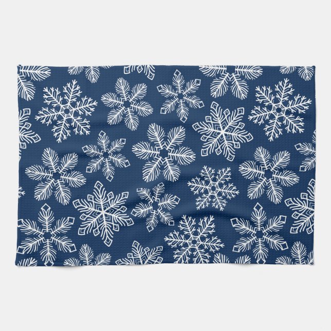 Snowflakes on dark blue tea towel (Horizontal)