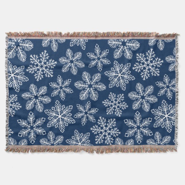 Snowflakes on dark blue throw blanket (Front)