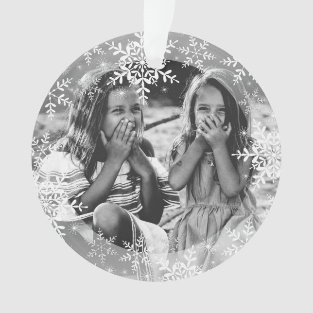Snowflakes on Family Photo Christmas Ornament (Front)