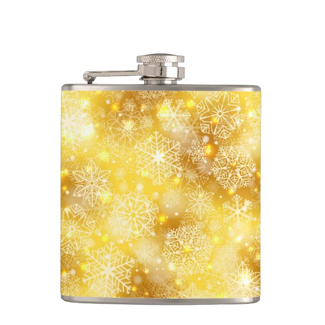 Snowflakes on golden hip flask (Front)