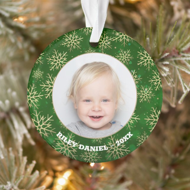 Snowflakes on Green Photo Acrylic Ornament (Tree)
