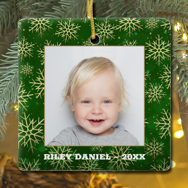 Snowflakes on Green Photo Ceramic Ornament (Creator Uploaded)