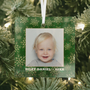 Snowflakes on Green Photo Glass Tree Decoration