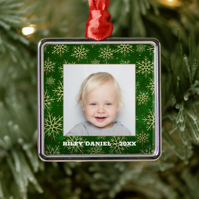 Snowflakes on Green Photo Metal Ornament (Tree)