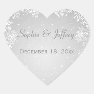 Snowflakes on grey Save the Date Wedding Heart Sticker