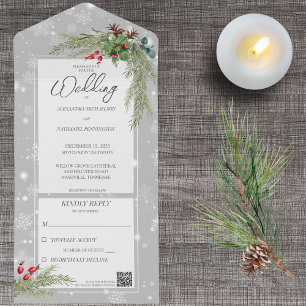 Snowflakes on Grey with Pine Branches QR Code  All In One Invitation