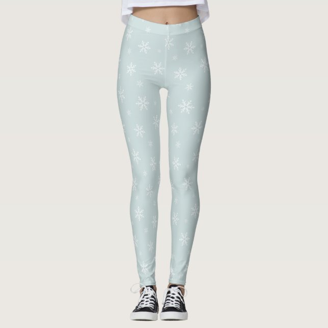 Snowflakes on Icy Light Blue Leggings (Front)