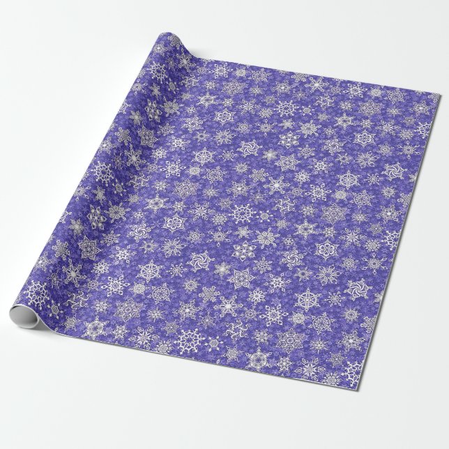 snowflakes on lilac violet snowstorm background wrapping paper (Unrolled)