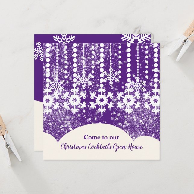 Snowflakes on Purple Christmas Party Invitation (Front/Back In Situ)