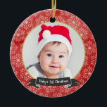 Snowflakes on Red 1st Christmas Photo Ornament<br><div class="desc">Delicate white snowflakes over a red background.  Circle photo in the middle framed in gold.  Easy to customise to create a special keepsake of Baby's 1st Christmas!  Please replace the template photo prior to purchasing.</div>