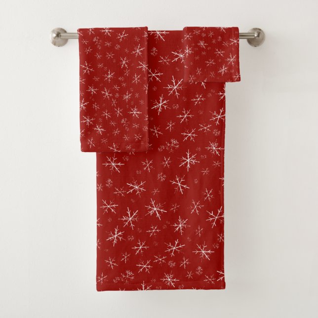 Snowflakes on Red  Bath Towel Set (Insitu)