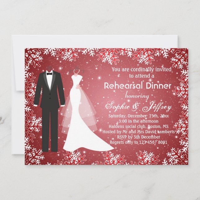 Snowflakes on red Christmas Rehearsal Dinner Invitation (Front)