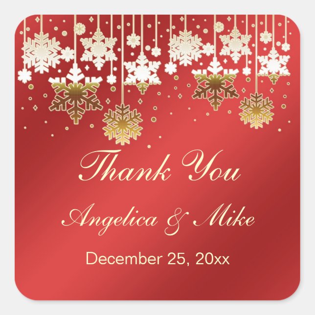 Snowflakes on red Cristmas Thank You Sticker (Front)