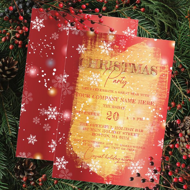 Snowflakes on Red Gold Corporate Christmas Party Invitation (Creator Uploaded)