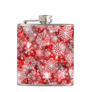 Snowflakes on red hip flask