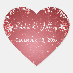 Snowflakes on red Save the Date Wedding Heart Sticker