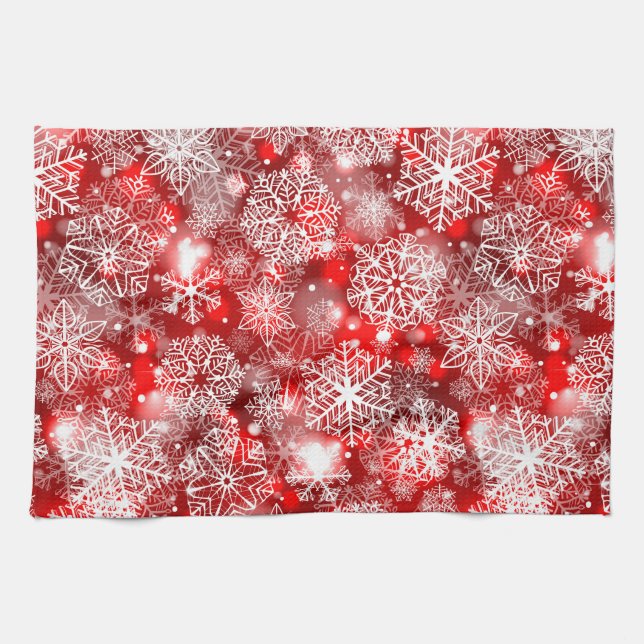 Snowflakes on red tea towel (Horizontal)