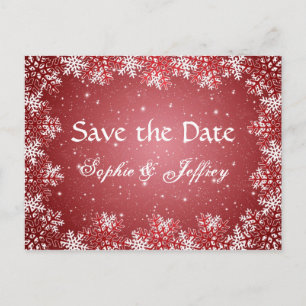 Snowflakes on red wedding Save the date Postcard