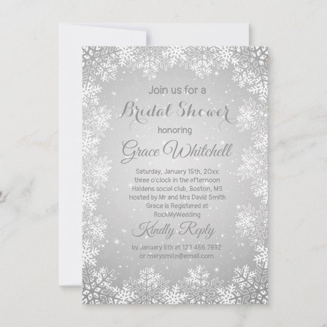 Snowflakes on silver grey Christmas Bridal SHower Invitation (Front)