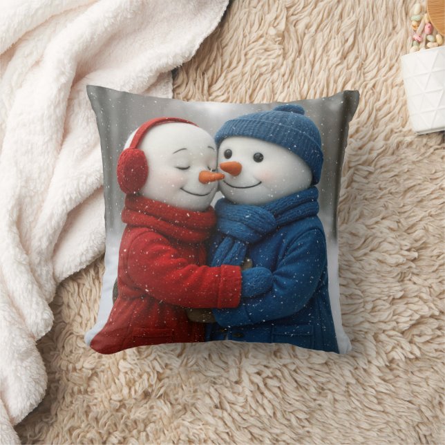 Snowflakes on Snowman Couple in Winter Forest Cushion (Blanket)
