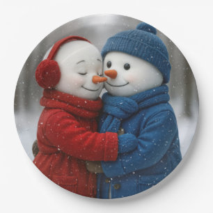 Snowflakes on Snowman Couple in Winter Forest Paper Plate